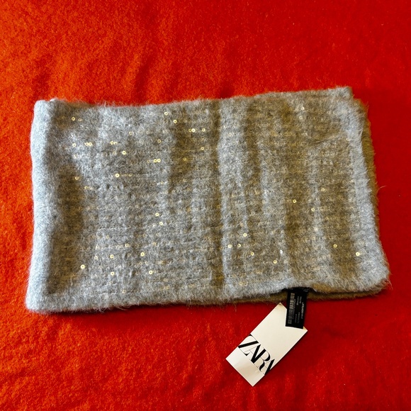 Zara light gray alpaca blend sequin embellished soft scarf wrap NWT - Picture 3 of 8